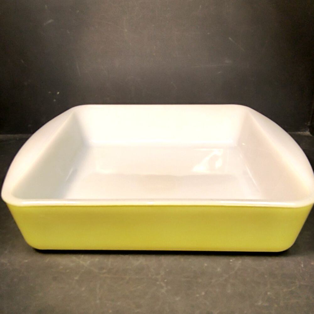1810.  Glasbake Milk Glass Square Yellow Baking Dish Cake Pan J-257 Vintage